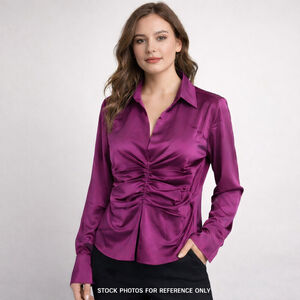Sage + Fig Fuchsia Satin Ruched Button Down Blouse Glam Y2K Going Out Top L